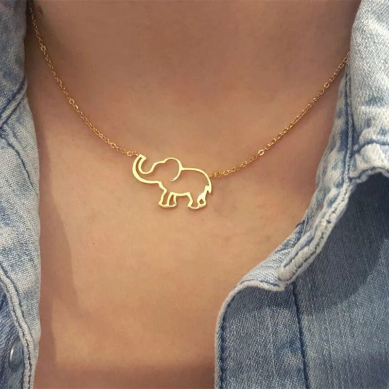 Stainless Steel  Elephant Pendant Necklace For Women Jewelry Geometric Hollow Choker Long Chain Necklaces Collares Para Mujer