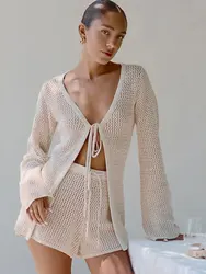 Women 2025 Spring Hollow Out Pants Set Elegant Lace Up Solid Color V-Neck Casual Two Piece Sets Vacation Beach New Outfits A3140