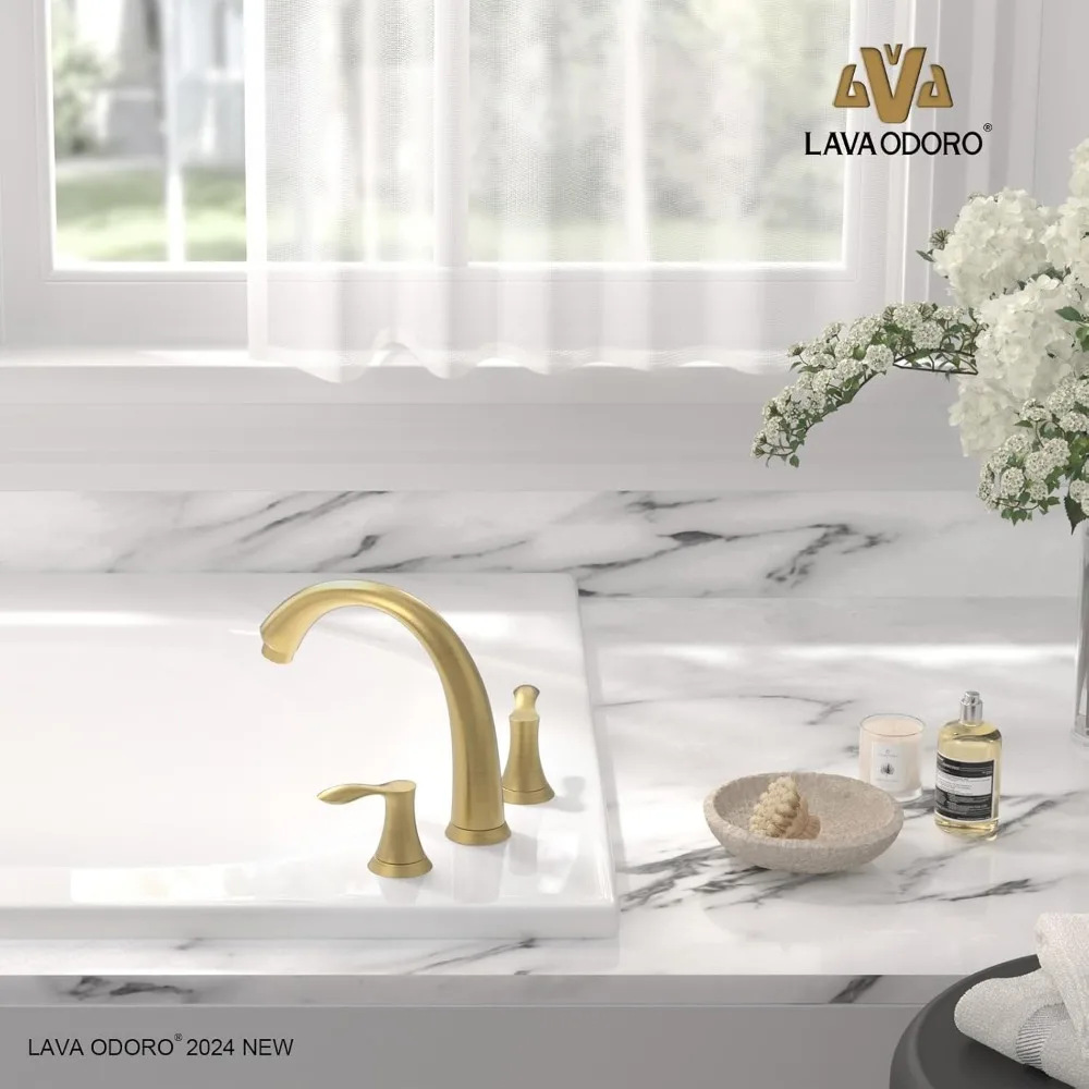 صنبور حوض استحمام روماني ذهبي مصقول بمقبضين، حامل على سطح السفينة، تدفق عالي، عرض 8 بوصة