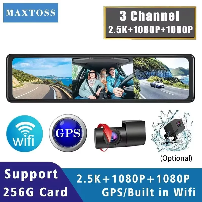 

3-канальный видеорегистратор 2,5K 1440P 11,26 дюйма, GPS, WIFI, внутренний автомобильный видеорегистратор, зеркало, камера в кабине, видеорегистратор, видеорегистратор, IPS Stream, вид сзади