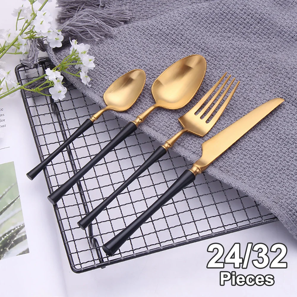 Black Dinner Set Stainless Steel Western Tableware Mirror Silver Knife Fork Spoon Matte Gold Cutlery 24/32Pcs Kitchen Utensils