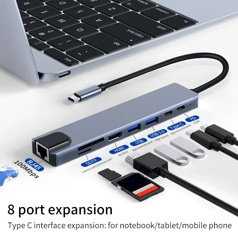 Usb 8 In 1 Type C 3 1 To 4k Hd Hub Adapter With Sd Tf Rj45 Card Reader Pd Fast Charge For Macbook Notebook Computer