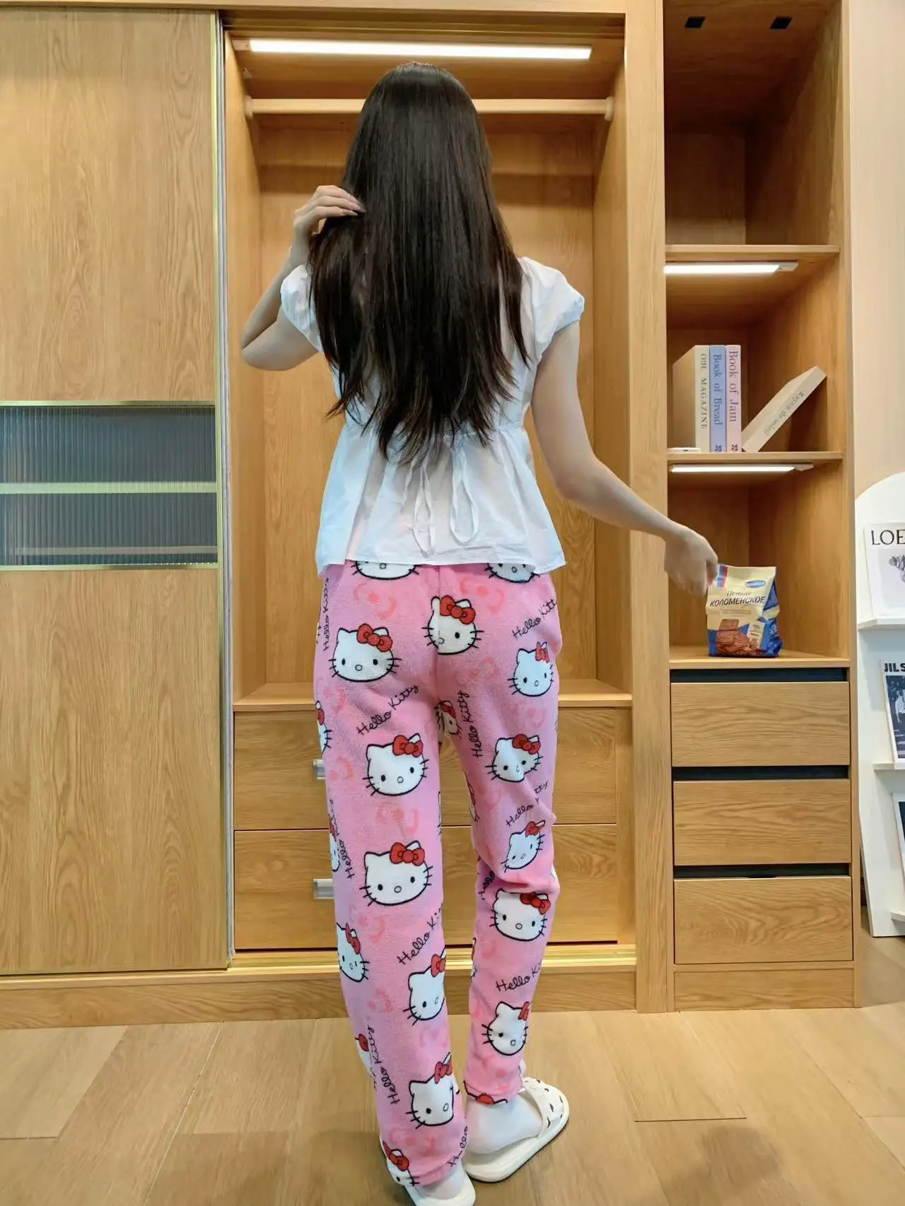 Sanrio Hello Kitty Soft Flannel Wide Leg Pajama Pants Printed Casual Home Loungewear For Women Daily Sleeping Relaxing Wear