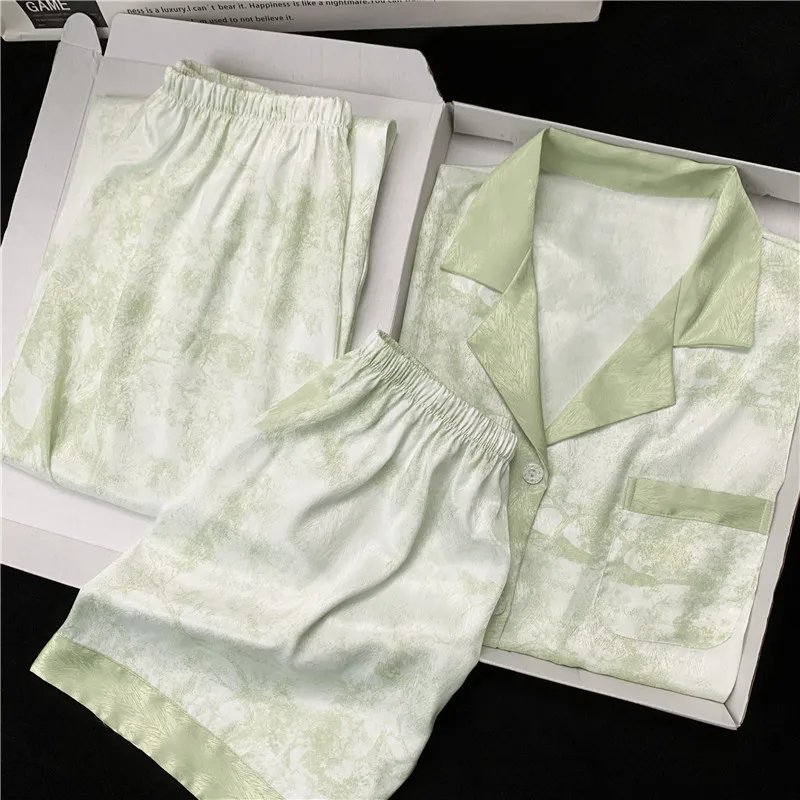 3PCS Luxury Ice Silk Pajamas Women Summer Short-sleeved Small Fresh Ink Painting Thin Homewear Nightwear Nightie Sleepwear
