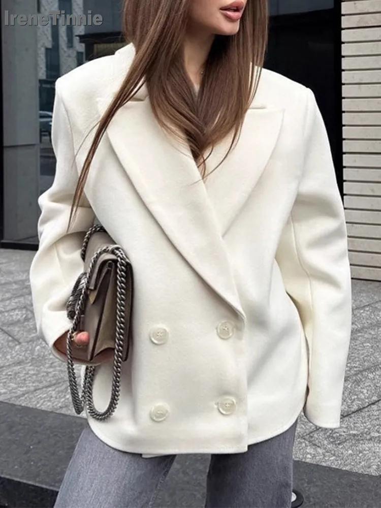

IRENE TINNIE Elegant White Double Breasted Blazer Women Turn-down Collar Peak Lapel Loose Fit Full Sleeve Coat Jacket