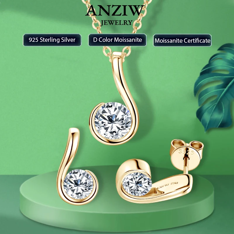 

18K Gold Plated 925 Silver Teardrop Pendant Necklace Comma Stud Earrings Certified 2CTW D Moissanite Jewelry Set for Women Gift