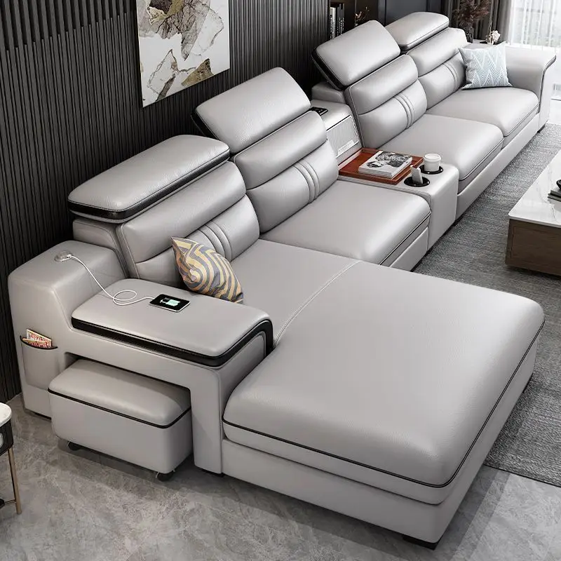 Modern simple sofa leather first layer cowhide living room full set of high-end light luxury concubine leather sofa