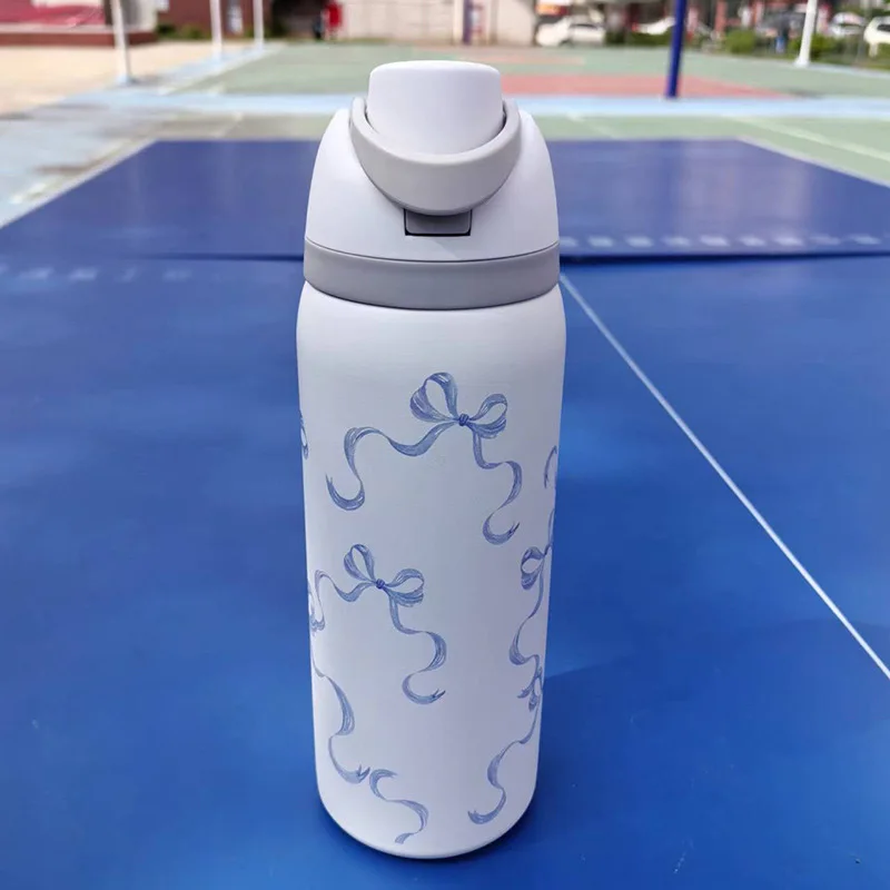 Cartoon Blue Bow Thermos Cup Double-mouth 304 Stainless Steel Simple Leak-proof Thermos Cup Large-capacity Outdoor Sports Kettle