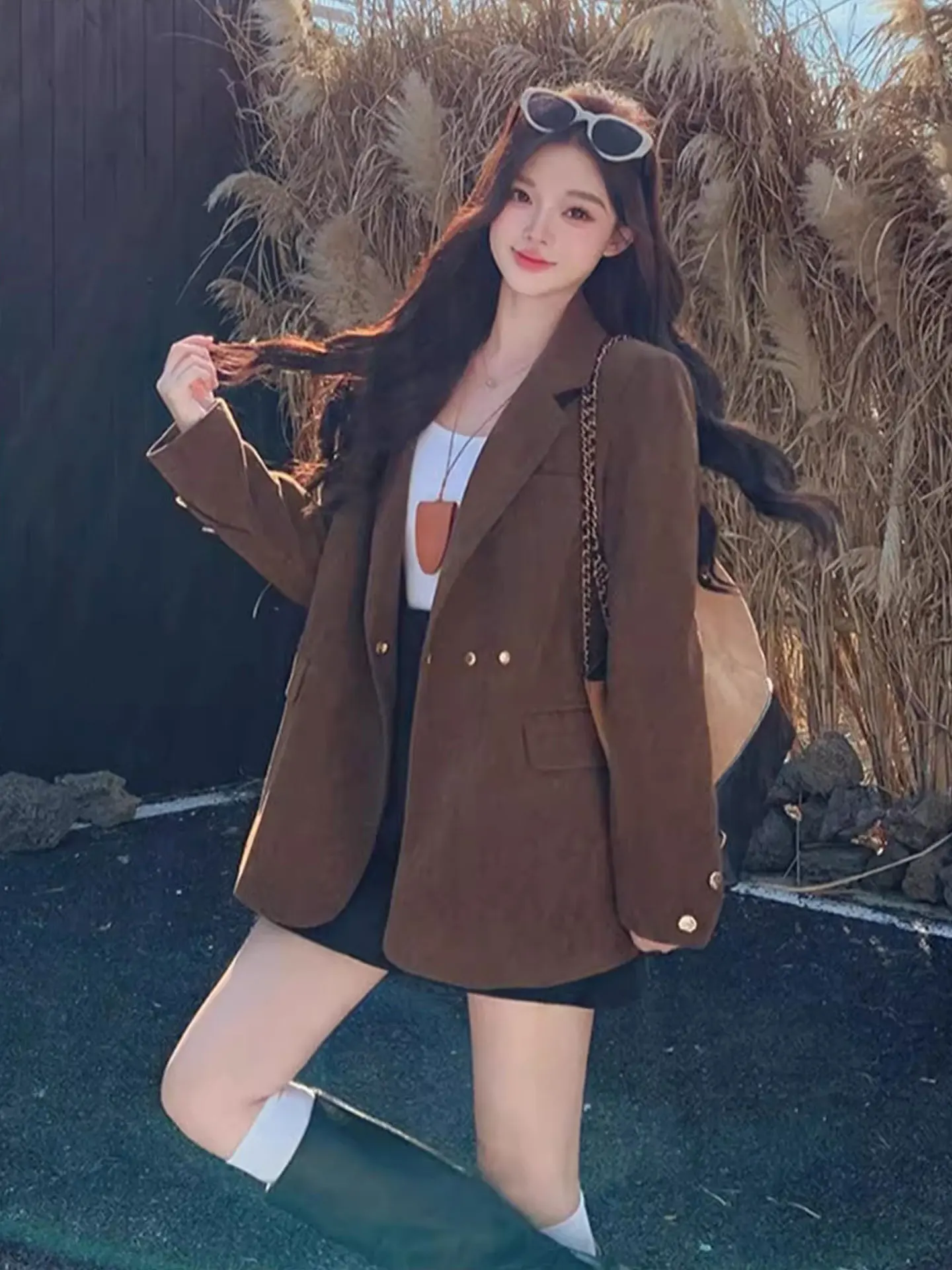 

Шикарный вельветовый жакет до плеч для женщин в кофейном цвете, осенне-зимний, больших размеров, повседневный, в корейском стиле, с длинными рукавами