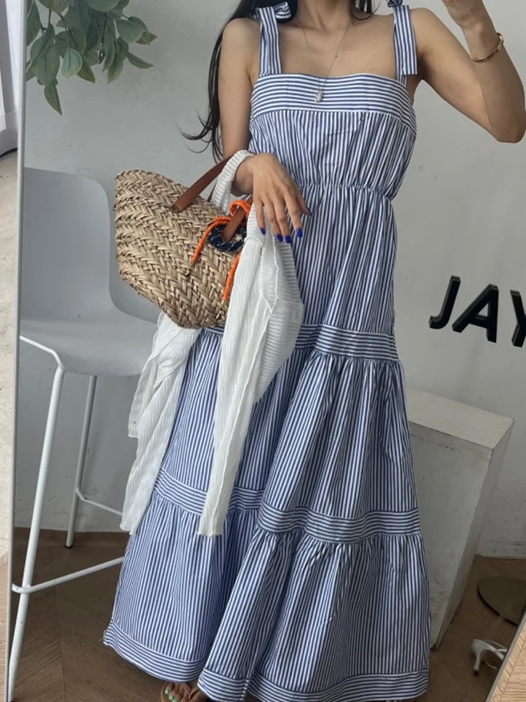 Zomer Streep Band Dr Losse Strand Vaion Fee Rok Hoge Taille A-lijn Jurk Koreaanse Sle No Sve Lange Dr