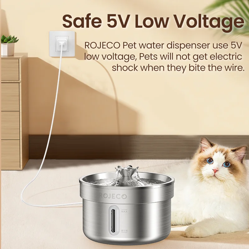 ROJECO Stainless Steel Pet Water Fountain Automatic Cat Drinking Fountain for Pet Dogs Drinker Rechargeable Pet Water Purifier