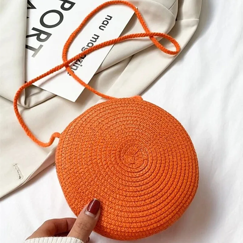 Minimalist Straw Bag Round Crossbody Purse Women Shoulder Vocation