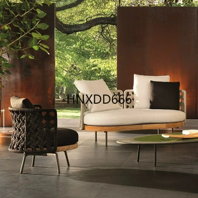 Outdoor rattan sofa leisure courtyard teak rattan chair coffee table combination
