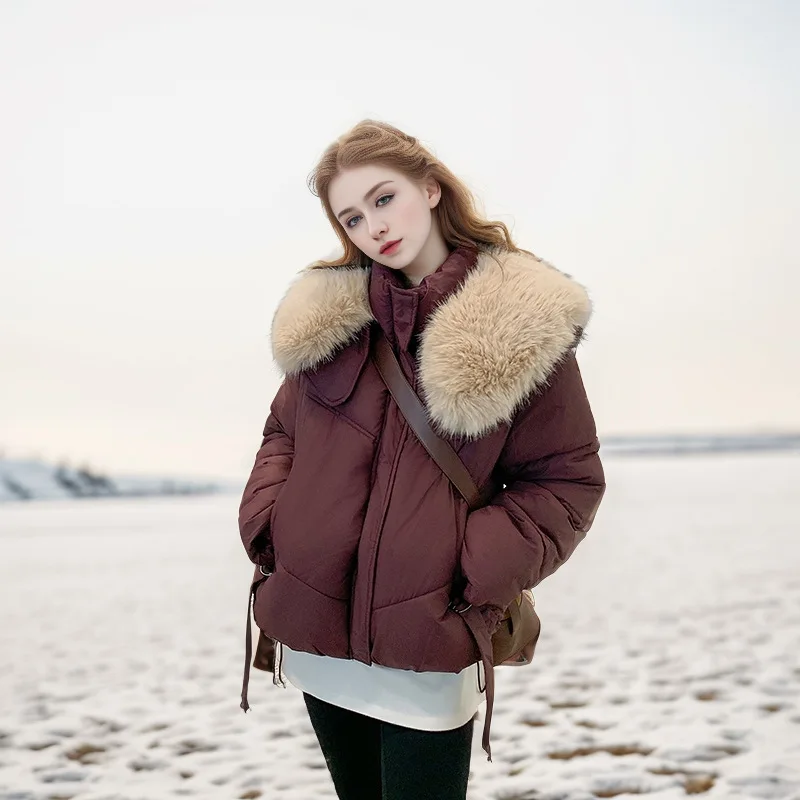 

Drawstring Lady's Winter Quilted Jacket pure Color Luxury Fur Collar Pockets Zipper Coat For Women Slouchy-Style Female's Coat