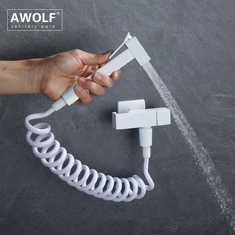 Awolf Solid Brass Bidet Faucet Handheld Toilet Bidet Shower Sprayer White Single handle Shattaf Douche Kit Toilet Washer AP2225