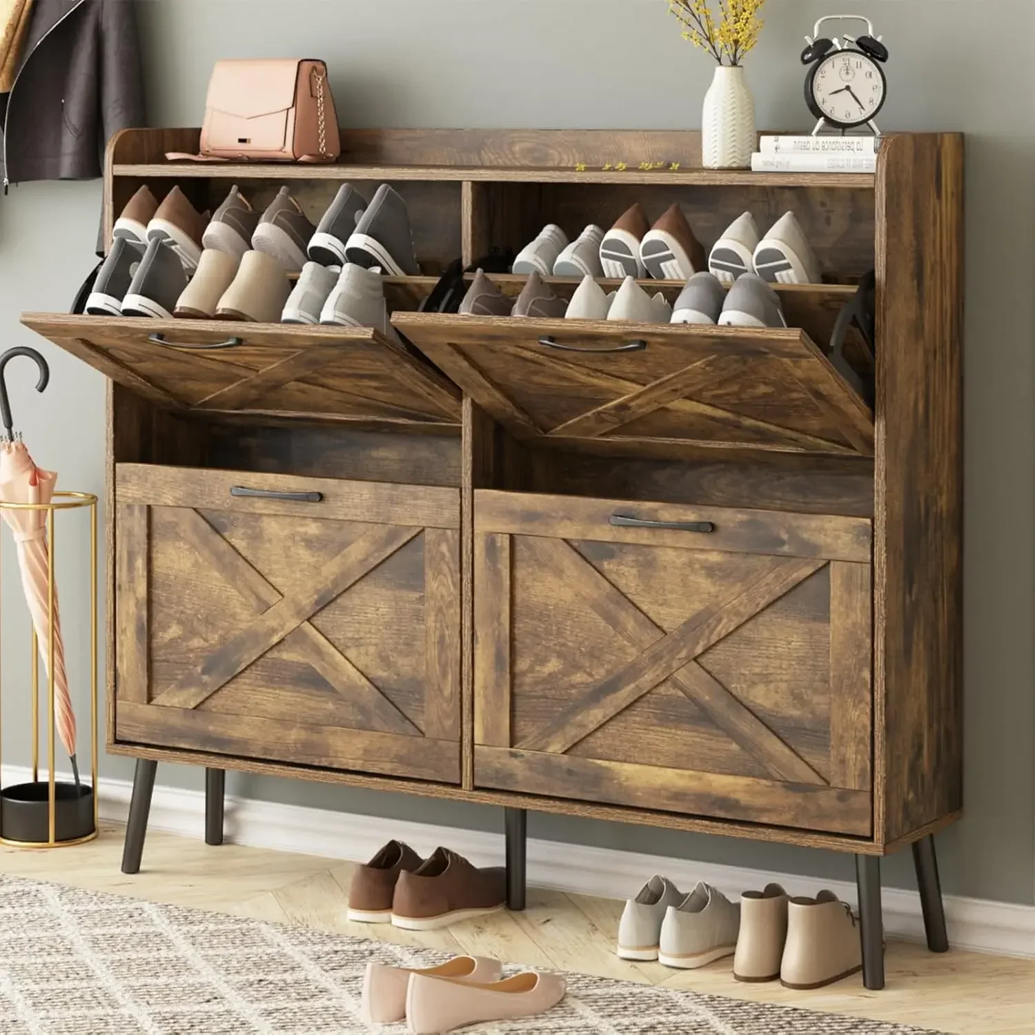 Large Shoe Cabinet with 4 Flip Drawers, Freestanding Shoe Organizer with Metal Drawer Bracket for Entryway