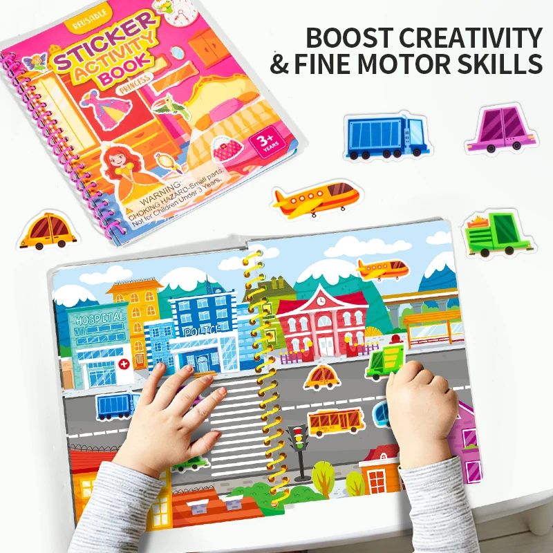 Libro di Adesivi Riutilizzabili per Bambini, Creativo con Temi Multipli, Adesivi Cartoon Portatili, Giocattolo Educativo Montessori Fai-da-Te