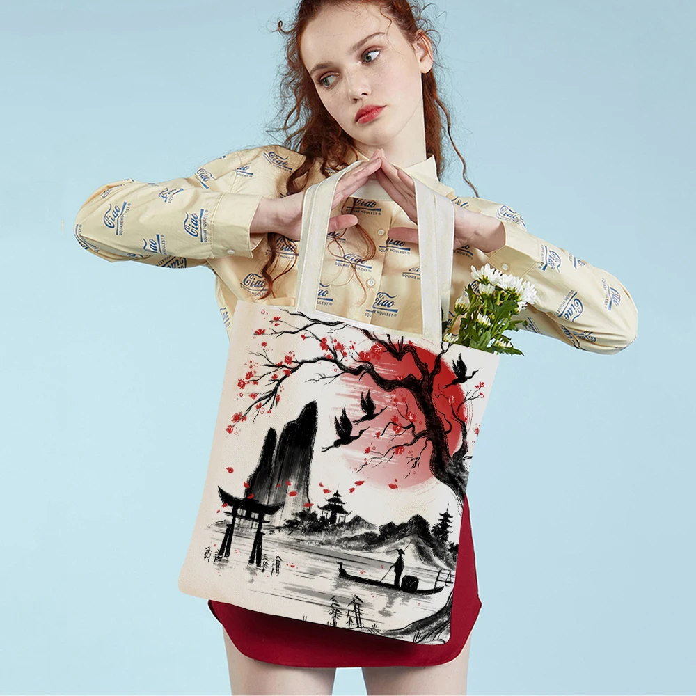 Fashion Japanese Ink Women Canvas School Bag Shopping Bag Both Sided Print Beautiful Scenery Cat Girl Student Travel Tote