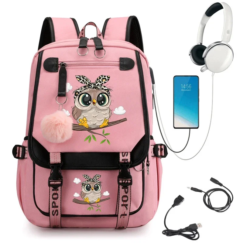 Kawaii Owl Print Women Backpacks Waterproof Nylon School Bags for Teenager Girls Bookbag Lady Travel Backbag Usb Shoulder Bag