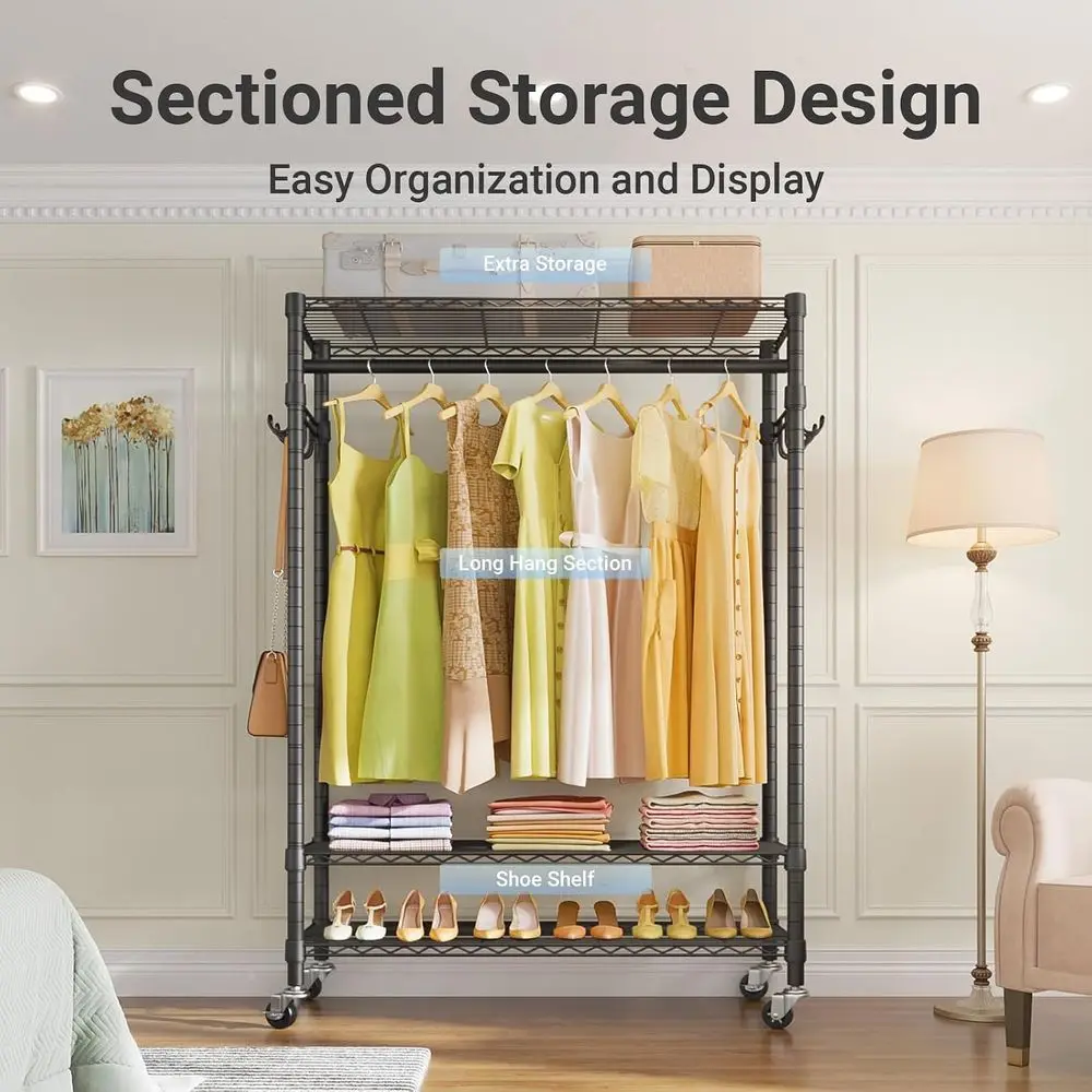 R3 Plus Rolling Clothes Rack Heavy Duty Closet or Hanging Clothes | Lockable Silent Wheels, Adjustable Wire Shelving, Metal Side