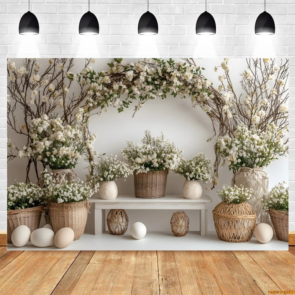 ربيع عيد الفصح الطفل صورة التصوير خلفية الزهور قوس البيض سلة للزهور عيد ميلاد الاطفال الفن صورة خلفية كشك التصوير