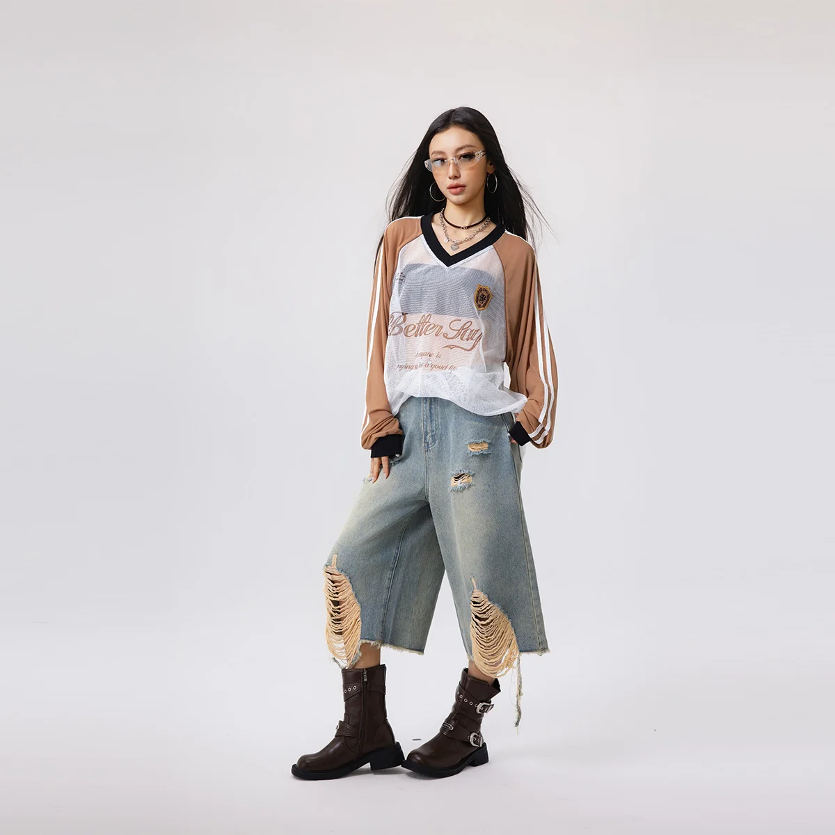 

BETTERSAY American Sports Sle V-Ne Color Blo Breathable Lightweight Loose Long Sve T-irt Hollow out Top for Women