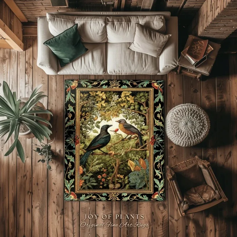 Woodland Birds Cottagecore Rug Bedroom Decor William Morris Inspired Victorian Room Dark Academia Style Rug Mystical Home Accent