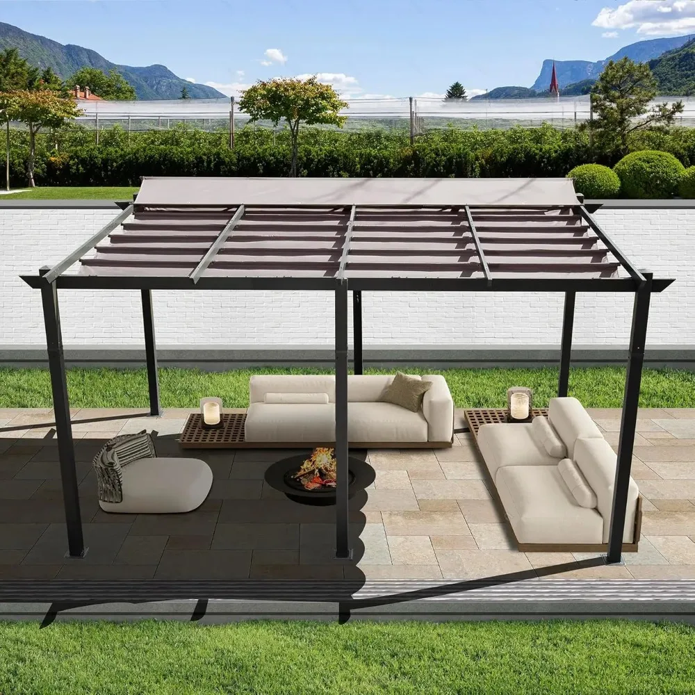 

10 x 16 FT Outdoor Retractable Pergola Heavy-Duty Aluminum Shelter with Double Sun Shade Pavilion Large Grill Canopy