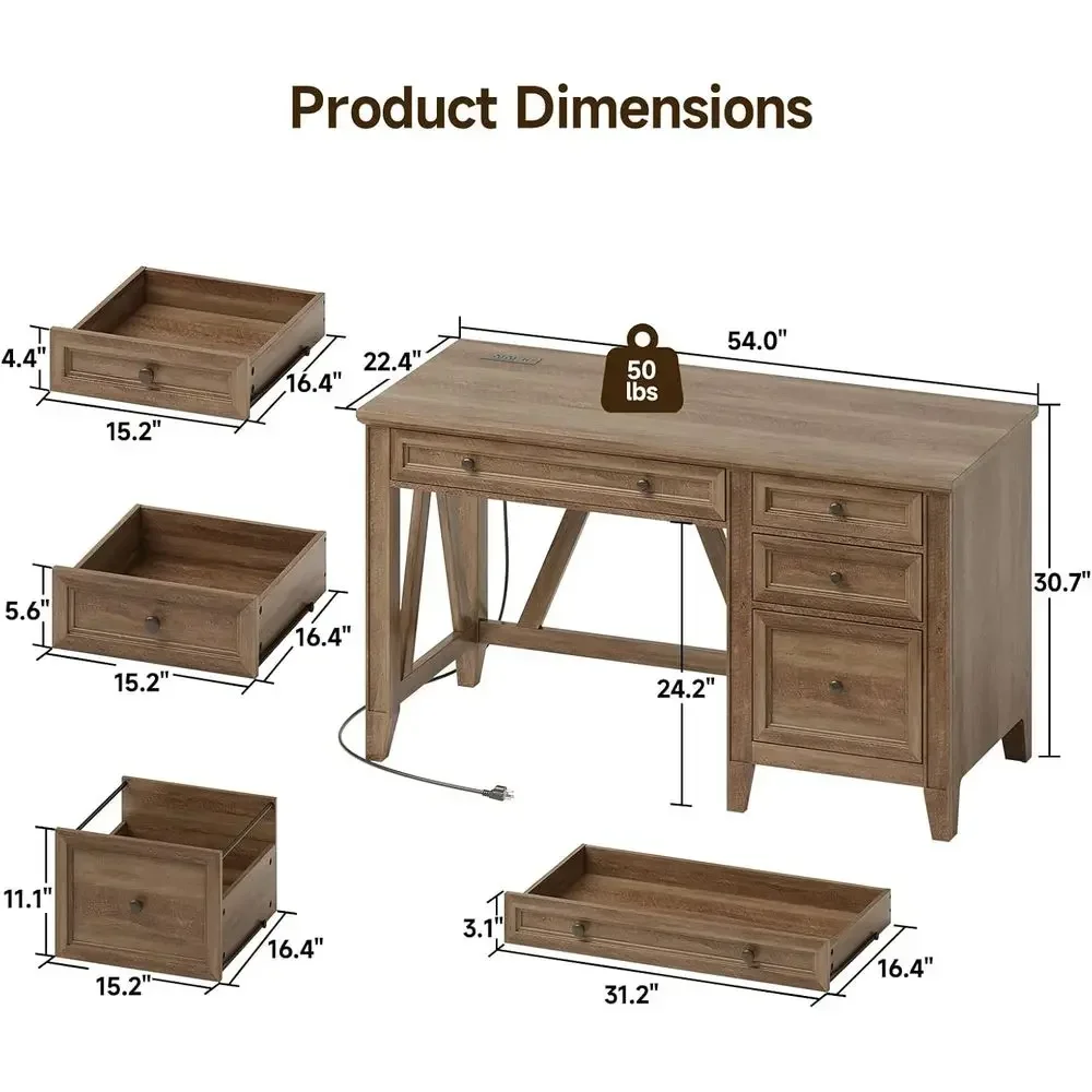 54 Brown Executive Desk with Drawers, Home Office Desk featuring Charging Station for Studying and Writing