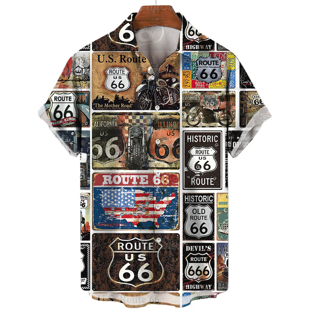 Vintage Men\'S Shirts Motorcycle Tees Route 66 Print Short Sleeve Top Summer Clothing Multiple Pattern Shirt Oversized Streetwear