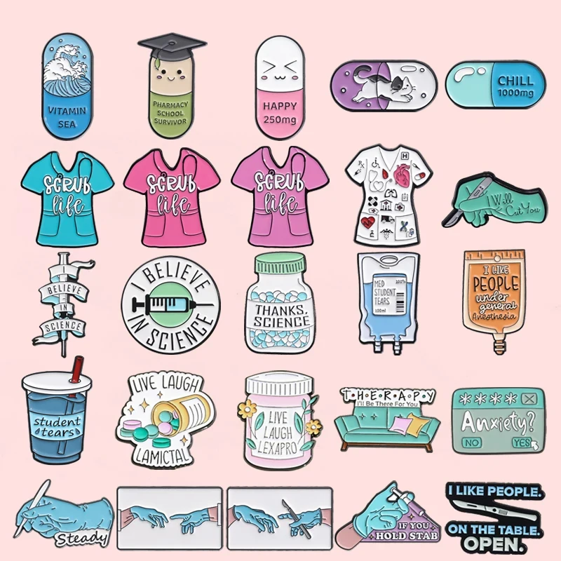 Care Love Chill Happy Pill Enamel Pin Surgeons Band-Aid Creative Medicine Jar Metal Badge Lapel Pin Medical Nursing Jewelry Gift