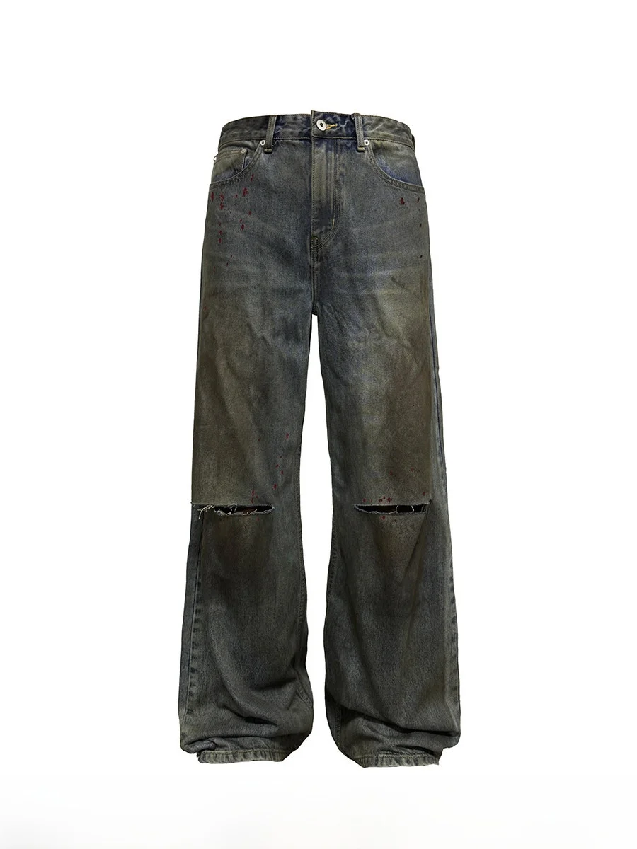 

JCAESAR Bloodstain Denims Heavy Waed Distred Jeans Casual Loose Fit Long Trousers Cotton 00% Youth Faion Summer Wear