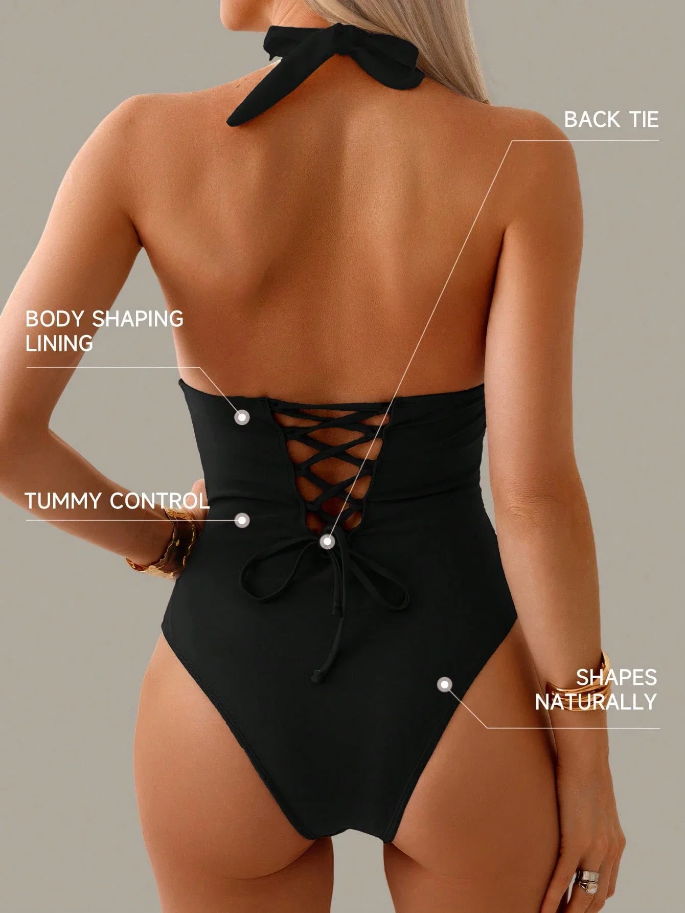 

One Piece Black Halter Backless Swimsuit With Lace-Up Tummy Control And Body Shaping Lining