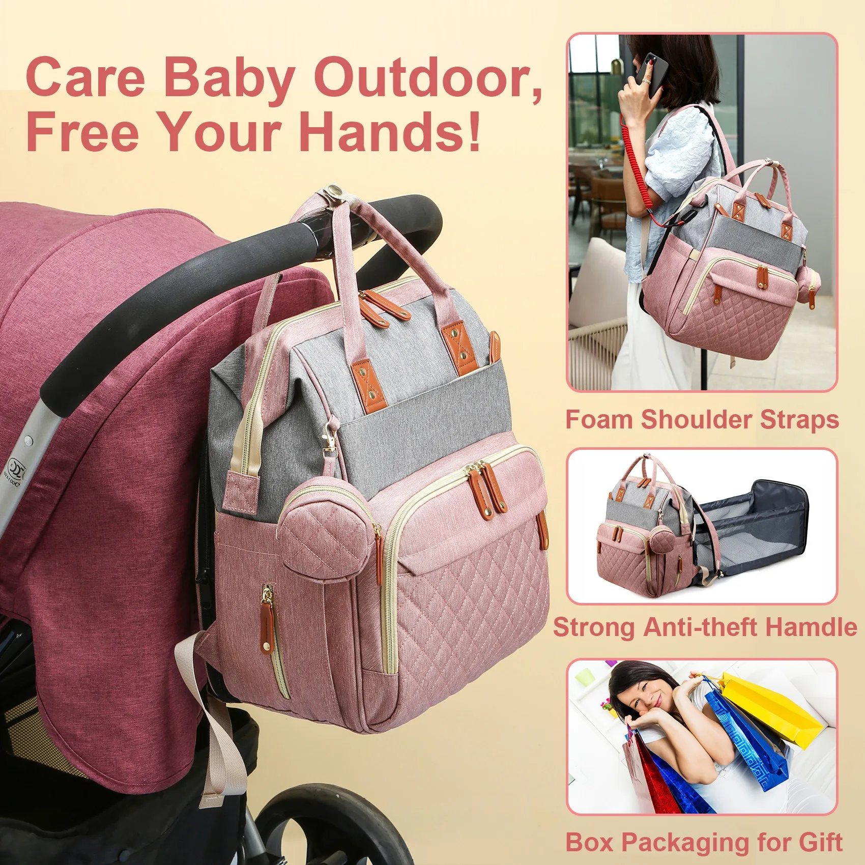 

Mommy Bag Double Shoulder Multi-functional Large-capacity Mother Baby Bag Folding Crib Stroller Backpack Lightweight Diaper Bag