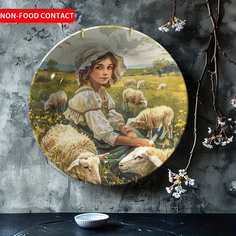 1pc Vintage Farmhouse Decor - Pastoral Ceramic Plate with Hand-Painted Pastoral Scene (Girl, Sheep, Birds) - Non-Food Contact