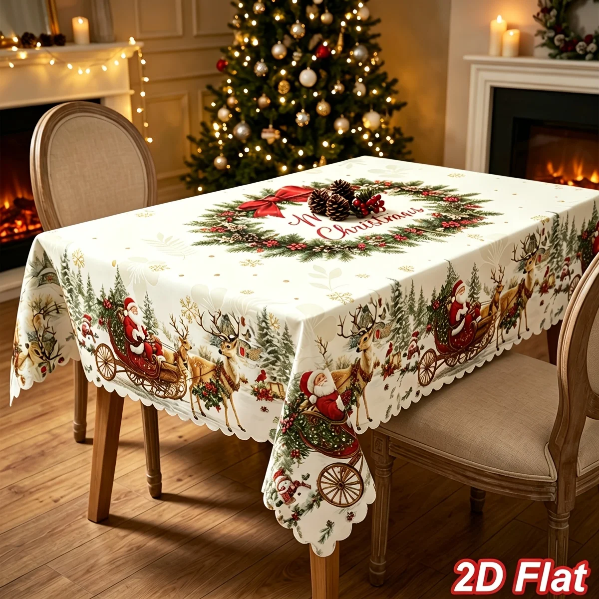 VIKAMA Christmas Wreath Tablecloth Cream Santa Sleigh Reindeer Snowy Pine Washable Rectangle Table Cover for Kitchen Dining