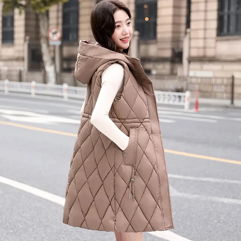 

2023New Autumn Winter Down Cotton Vest Women Fashion Korean Long Padded Thick Warm Sleeveless Waistcoat Parkas Coat Female Tops