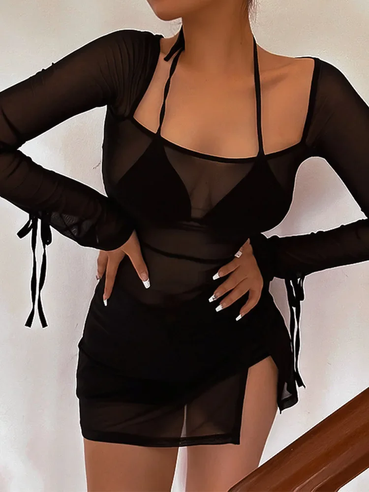 Women's Square Collar Mini Dress Y2K Gauze Long Sleeve Sheer Sexy Night Outfit Clubwear Solid Color