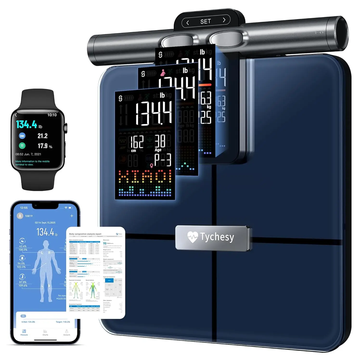

Smart Body Composition Scale with 8 Sensors, Handheld Display, Measures Fat, Muscle & BMI