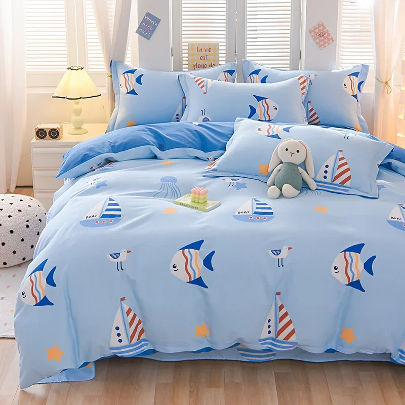 Cartoon Fish Duvet Cover Twin Queen 100% Cotton Ocean Theme Bedding Set Soft Reversible Blue Comforter Cover with 2 Pillowcase