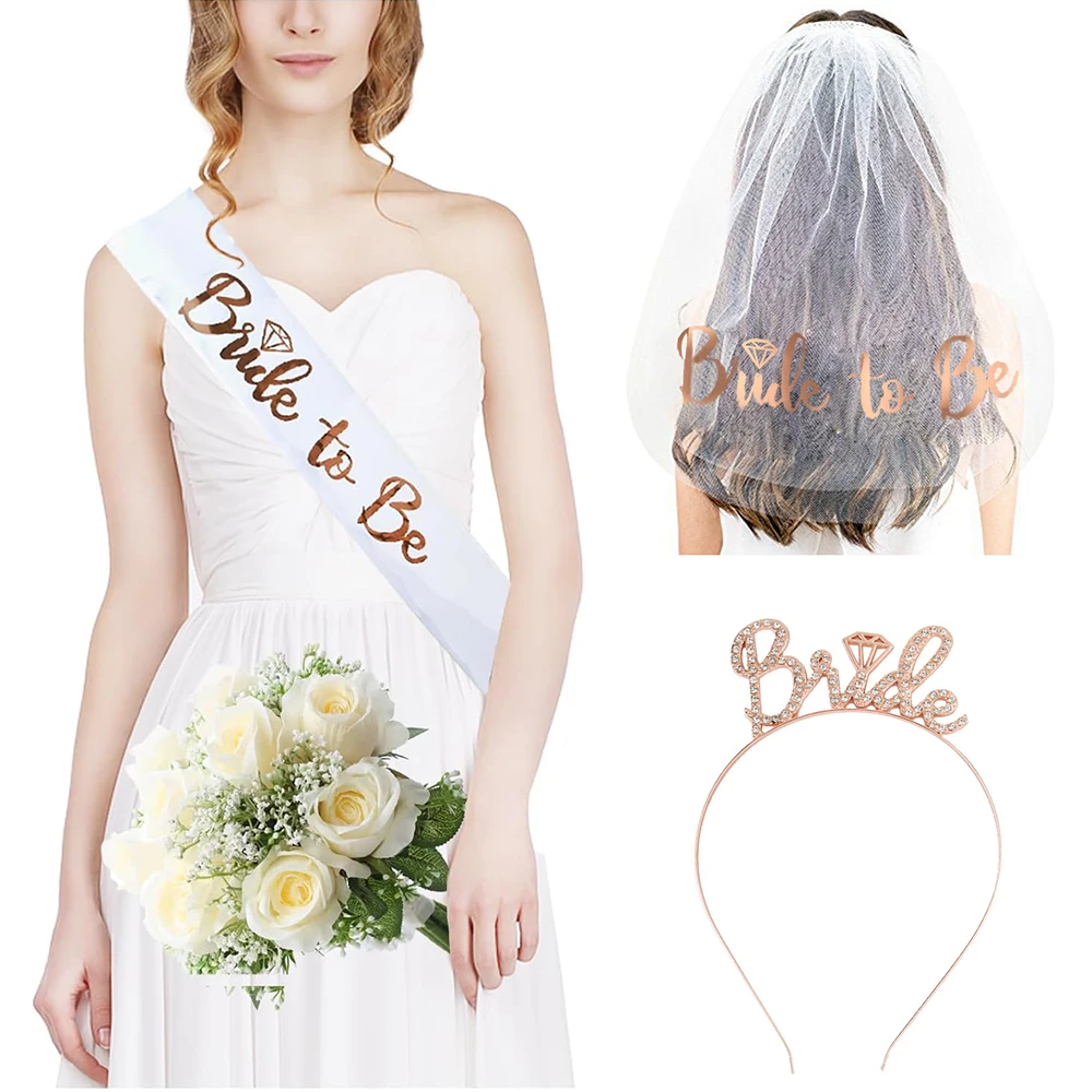 Hen Party Bride to Be Set White Bridal Veil Sash Rhinestone Headband Tiara Wedding Tattoo Bridal Shower Bachelorette Party Decor view 3