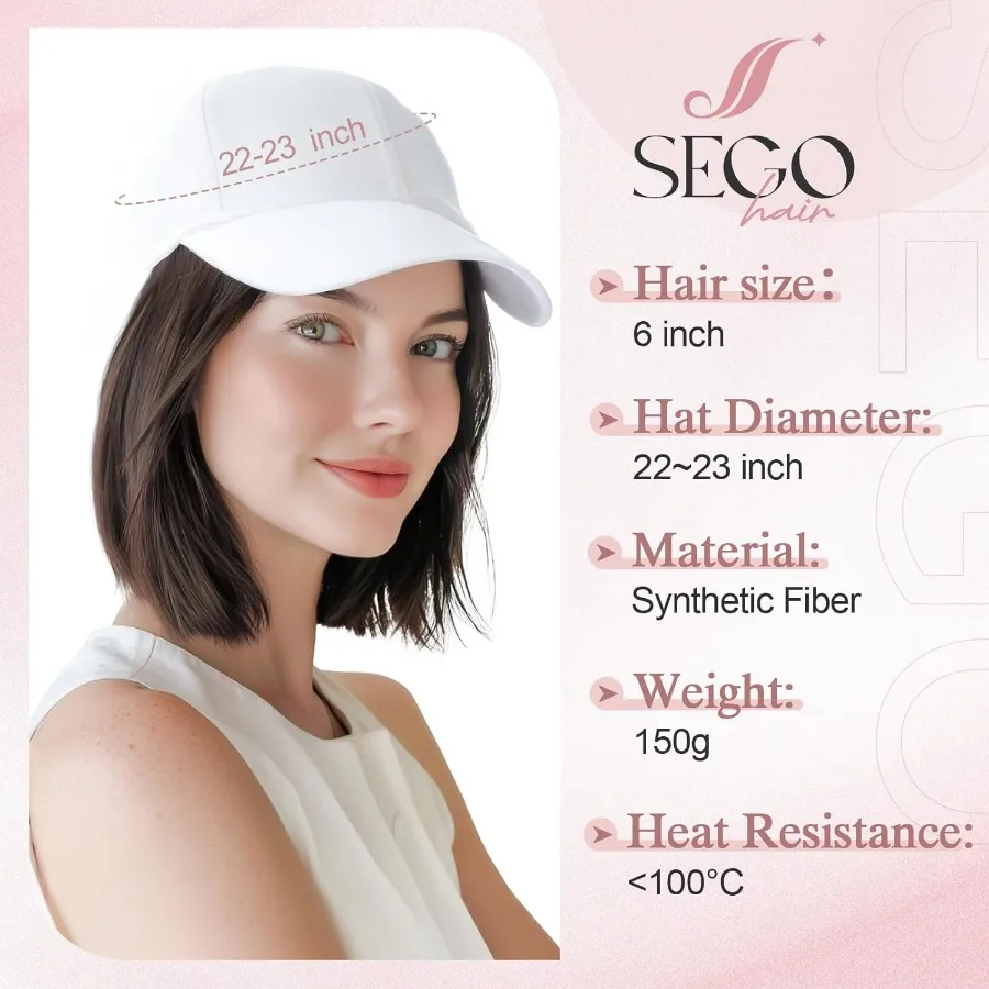 قبعة بيسبول صناعية مقاومة للحرارة مع وصلات شعر قصيرة مستقيمة قابلة للتعديل مقاس 6 بوصات للنساء قطعة شعر بيضاء بديلة