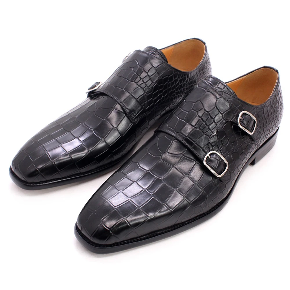 Men's Classic Elegant Black Leather Monk Shoes with Buckle Crocodile Pattern for Office Wedding and Party Dress