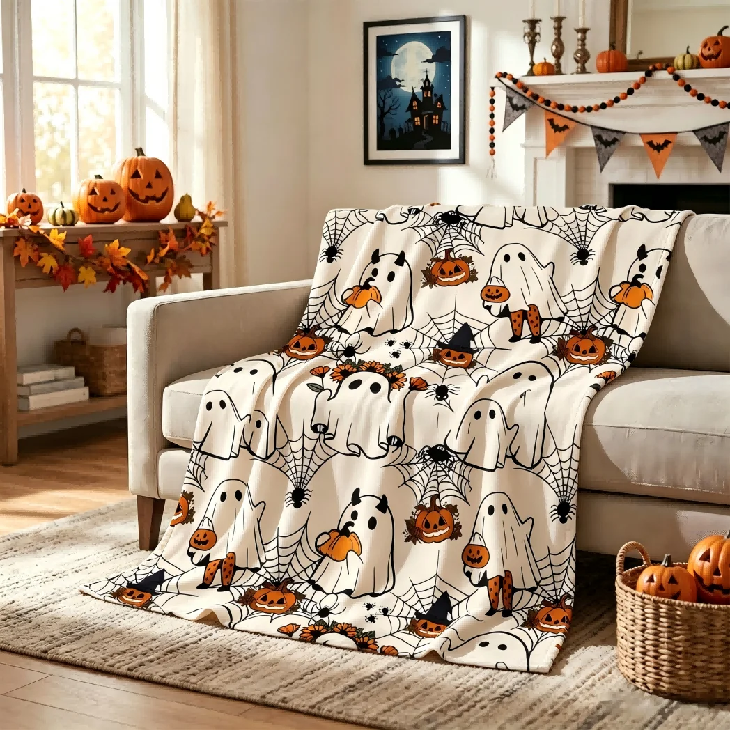 1pc Ghost Cobweb Bat Pumpkin Skull Blanket Gifts Halloween X-mas Flannel Blankets Women Men Festival Decoration Four Season Use