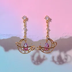 New Ins Hollow Moon Earring For Women Cute Gold-plated Pink Water Drop Zircon Heart Stud Earrings Fashion Aesthetic Jewelry Gift