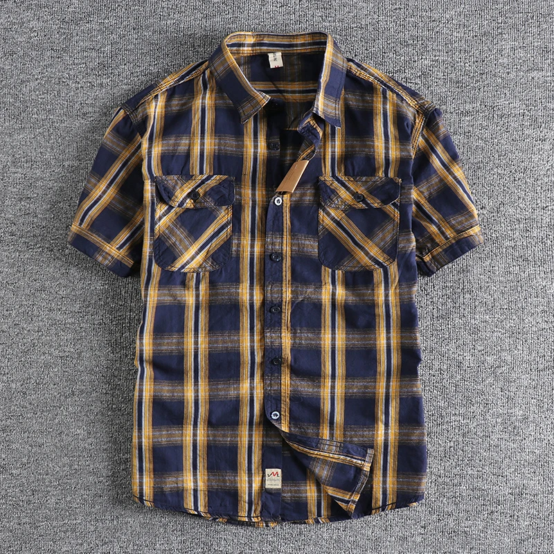 Summer New American Retro Short Sleeve Lapel Classic Plaid Shirt Men\'s Fashion 100% Cotton Washed Double Pocket Casual Blouses