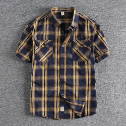 Summer New American Retro Short Sleeve Lapel Classic Plaid Shirt Men's Fashion 100% Cotton Washed Double Pocket Casual Blouses