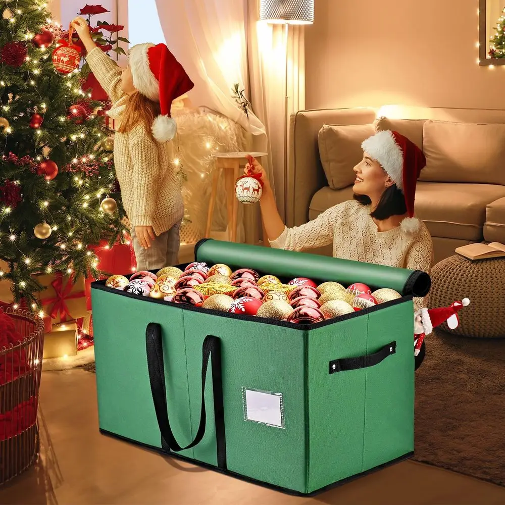 منظم زينة عيد الميلاد باللون الأخضر مكون من 8 صواني - يحمل 128 زينة، 3 بوصة، إغلاق بسحاب مزدوج، صندوق تخزين متين 600D