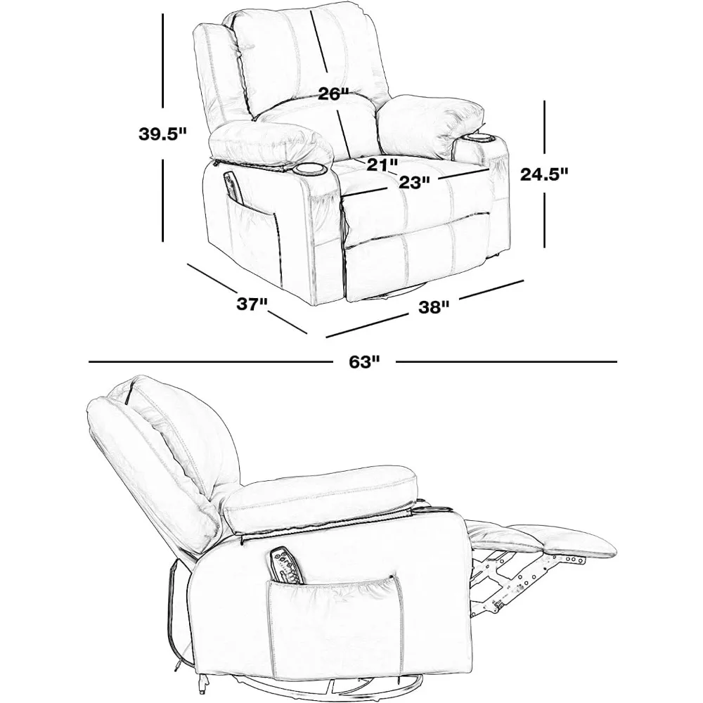 Cadeiras reclináveis de balanço com calor, cadeira de massagem reclinável giratória de couro para sala de estar, espreguiçadeiras reclináveis manuais