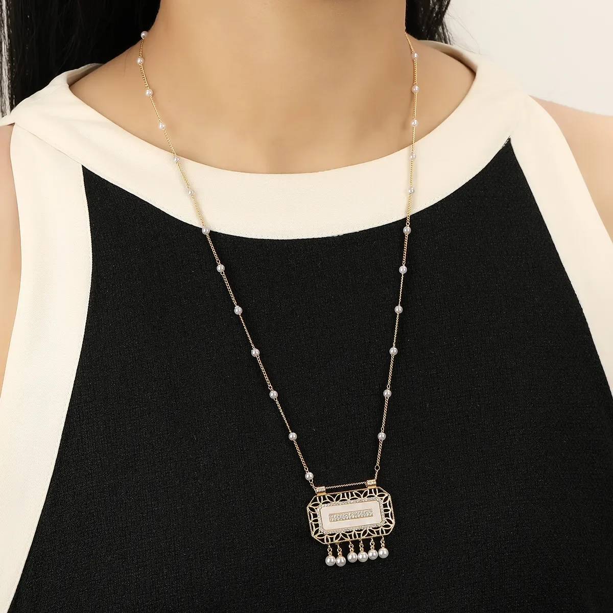 Women Fashion Long Chain Necklace & Earring Hollow Out Dubai Arabian style Shell Pearl Zircon Necklace Middle East Jewelry Set